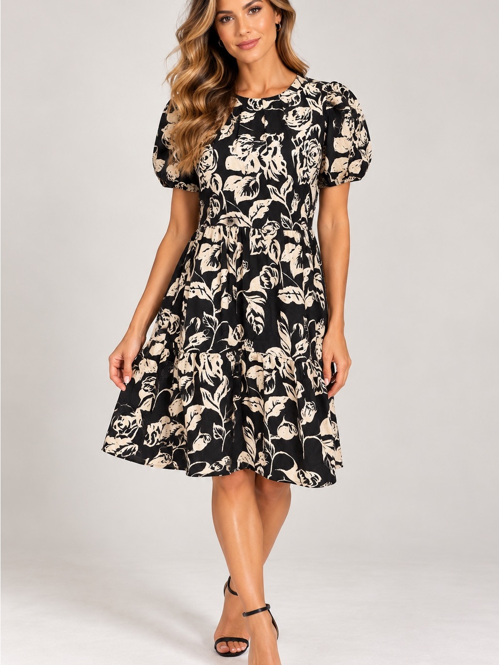 THML Black Midi Dress with Cream Floral Print